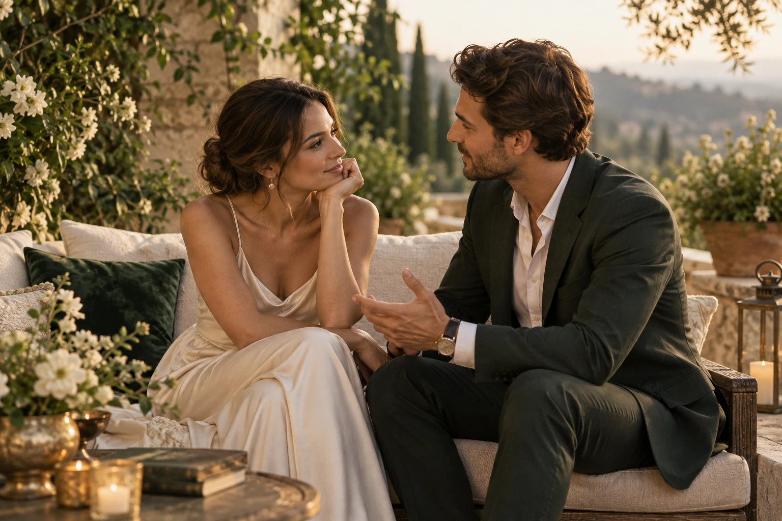 A couple sharing a conversation on a sunlit terrace surrounded by flowers and greenery.