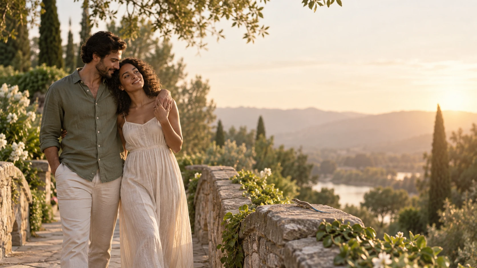 A couple embracing on a sunlit terrace, with a small lizard resting on the stone wall beside them.