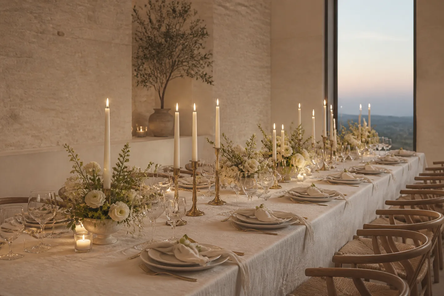 An intimate reception table set with candles, cream flowers, and warm linens.